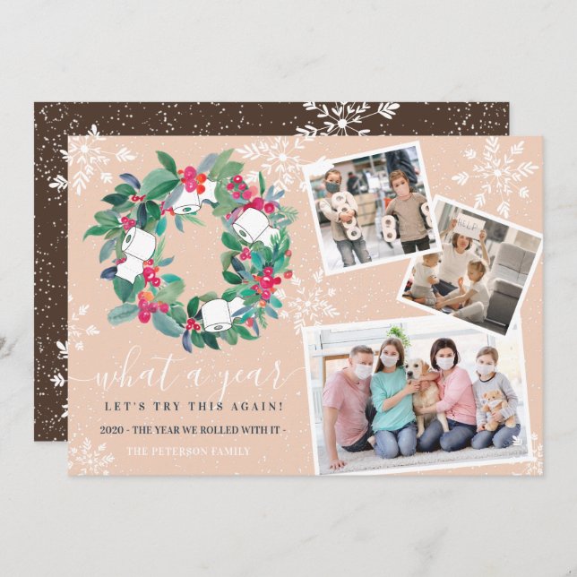 Funny toilet roll 2020 wreath New Year 3 photos Card (Front/Back)
