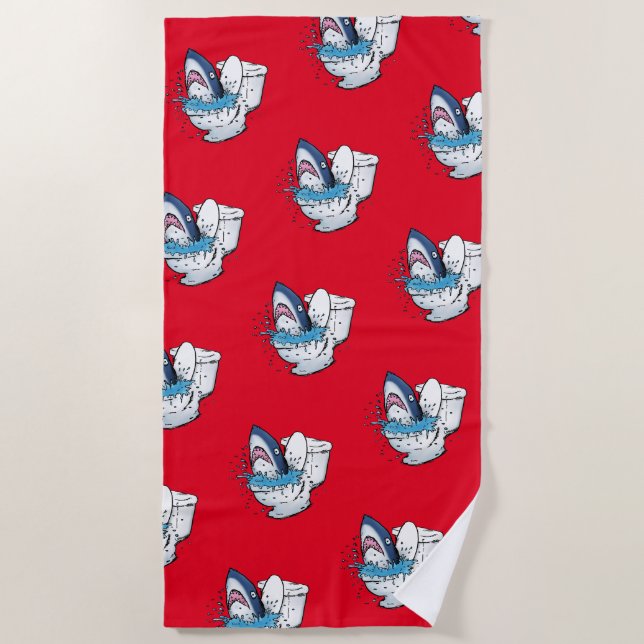 Funny Toilet Shark Cartoon Illustration Beach Towel (Front)