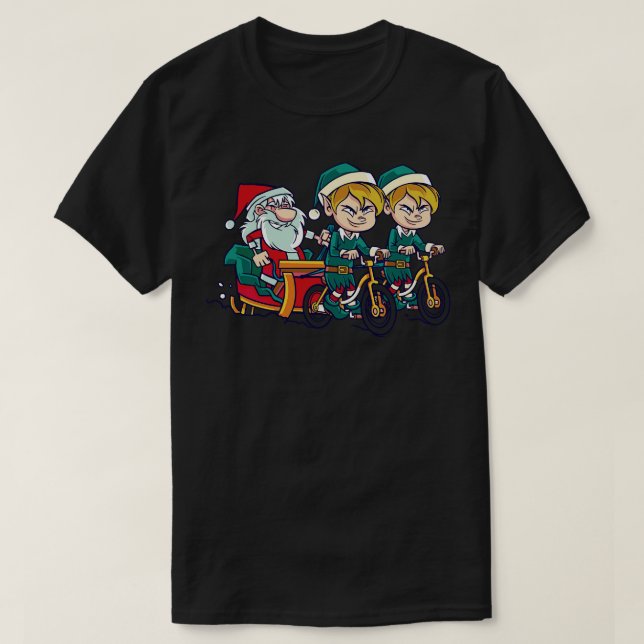 Funny toon Santa with His Elves on Bicycles T-Shirt (Design Front)