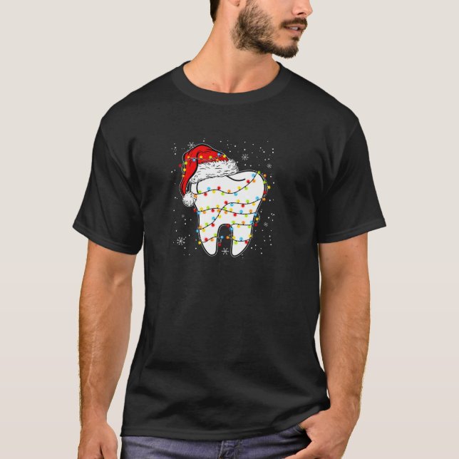 Funny Tooth Santa Hat Xmas Lights Dental Dentist C T-Shirt (Front)