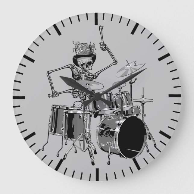 Funny Top Hat Skeleton Drummer Music Theme  Large Clock (Front)