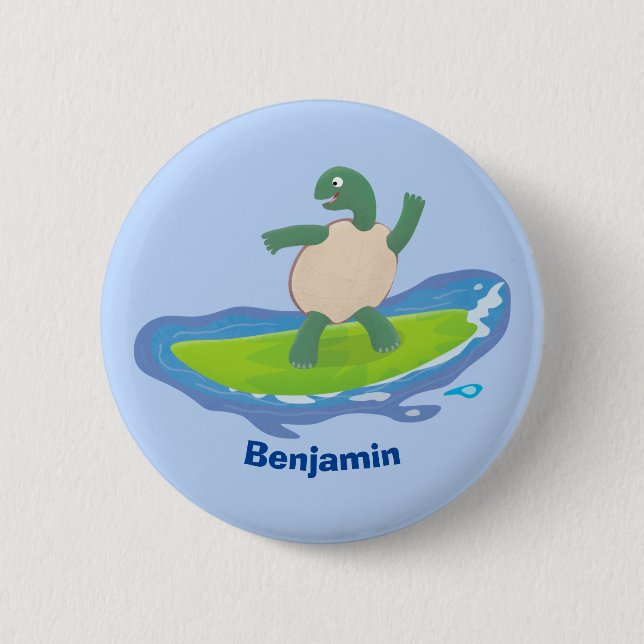 Funny tortoise wave surfing cartoon  6 cm round badge (Front)