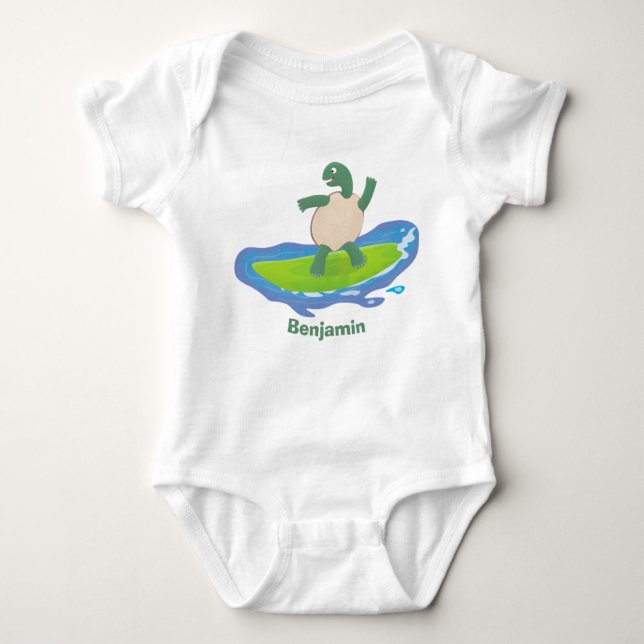 Funny tortoise wave surfing cartoon  baby bodysuit (Front)
