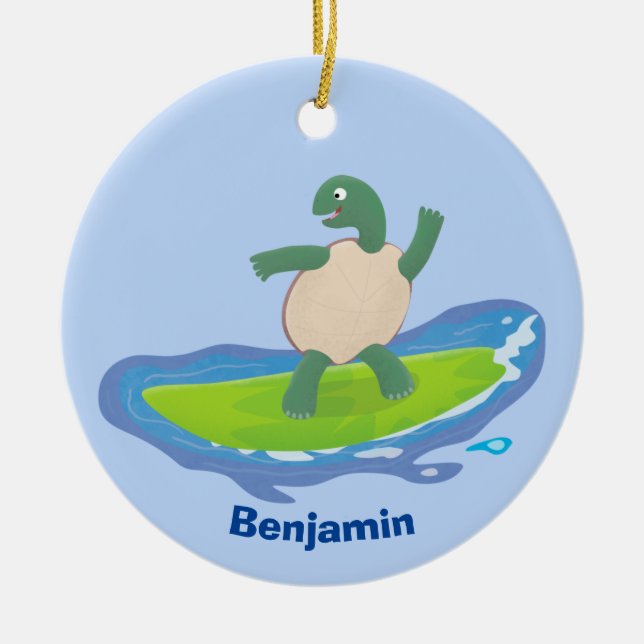Funny tortoise wave surfing cartoon ceramic tree decoration (Front)