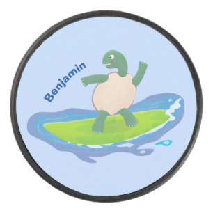 Funny tortoise wave surfing cartoon hockey puck