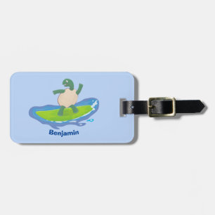 Funny tortoise wave surfing cartoon luggage tag