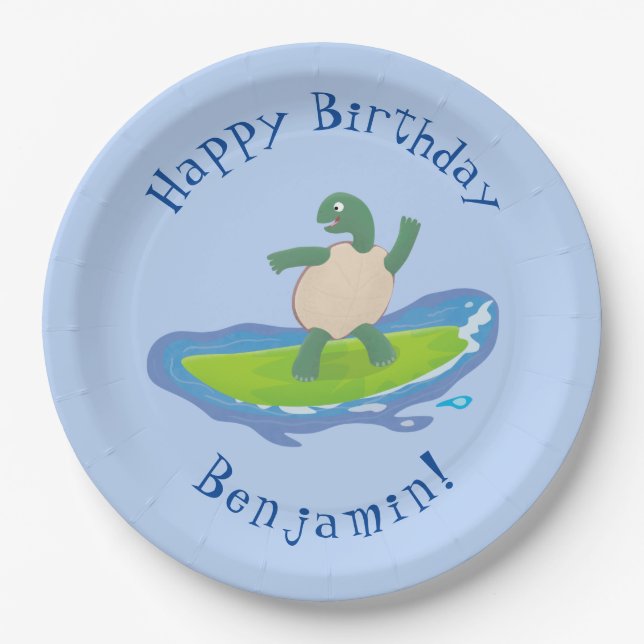Funny tortoise wave surfing cartoon paper plate (Front)