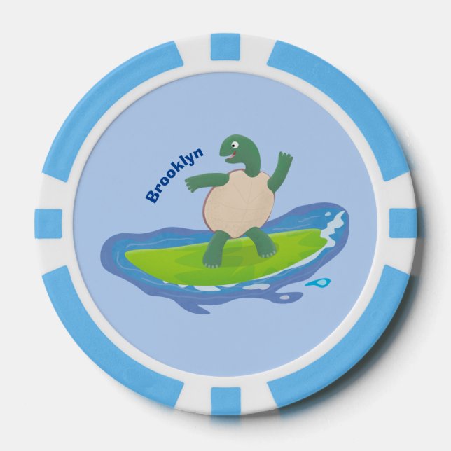 Funny tortoise wave surfing cartoon poker chips (Front)
