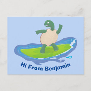 Funny tortoise wave surfing cartoon postcard