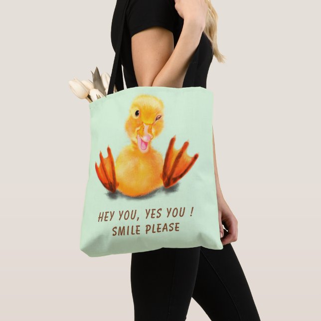 Funny Tote Bag Happy Yellow Duck - Custom Text (Close Up)