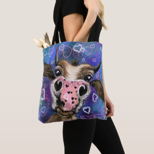 Funny Tote Bag with Playful Curious Cow - Smile