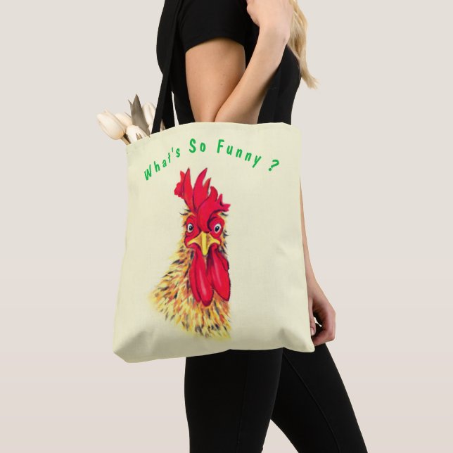 Funny Tote Bag with Surprised Rooster Custom Text (Close Up)
