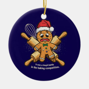 Funny "Tough Battle" Gingerbread Man Christmas Ceramic Tree Decoration