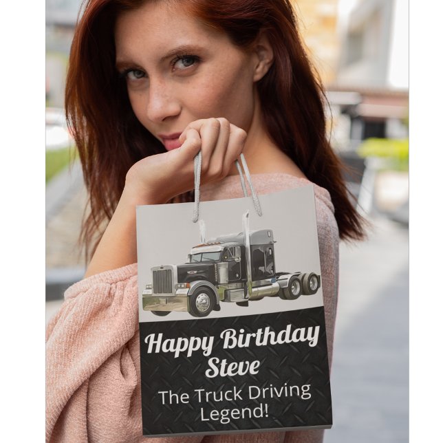 Funny Transport Semi Truck Driver Custom Name Medium Gift Bag (Truck driver themed birthday gift bag.)