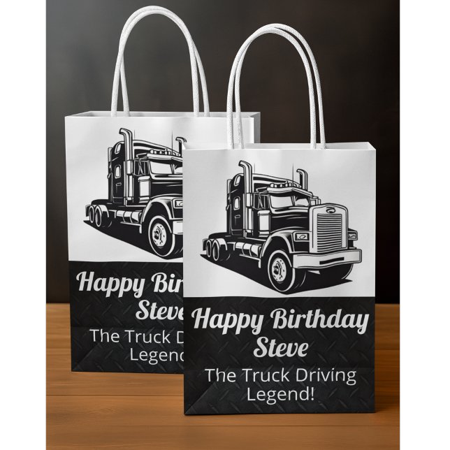 Funny Transport Semi Truck Driver Custom Name Medium Gift Bag (Truck Driver Birthday Party Gift Bag)