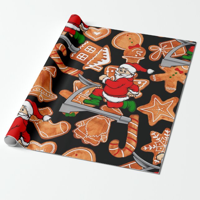 funny treadmill santa cookies wrapping paper (Unrolled)