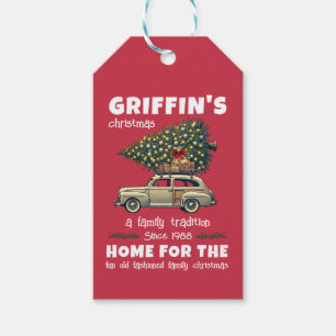 Funny Tree on Car Red Family Name Christmas Gift Tags
