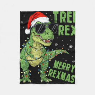 Funny Tree Rex Christmas Dinosaur Santa Hat Lights Fleece Blanket
