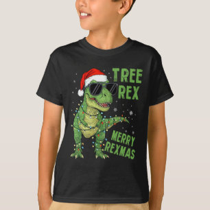 Funny Tree Rex Christmas Dinosaur Santa Hat Lights T-Shirt