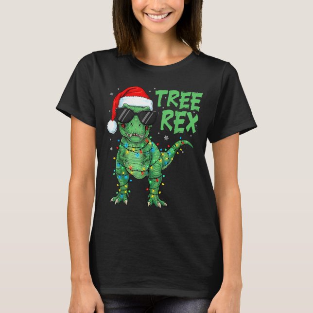 Funny Tree Rex Christmas Dinosaur Santa Hat Lights T-Shirt (Front)
