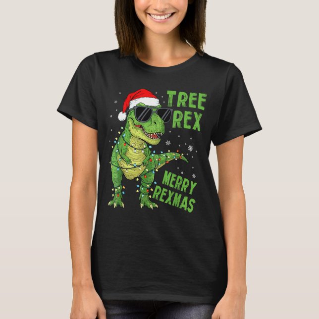 Funny Tree Rex Christmas Dinosaur Santa Hat Lights T-Shirt (Front)