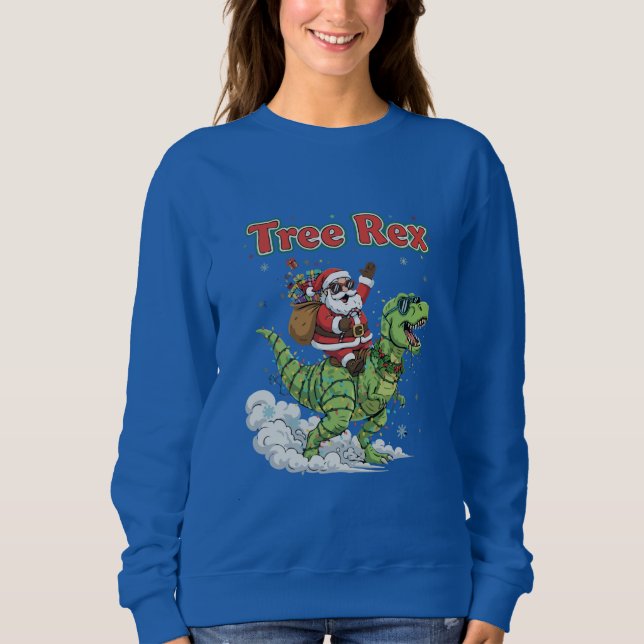  Funny Tree Rex Santa Riding T-Rex Dinosaur Christ Sweatshirt (Front)