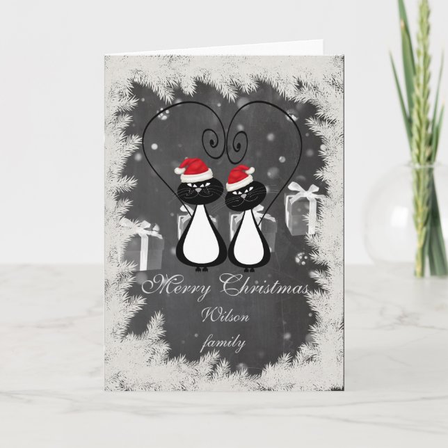 Funny Trendy Christmas Santa cat couple chalkboard Holiday Card (Front)