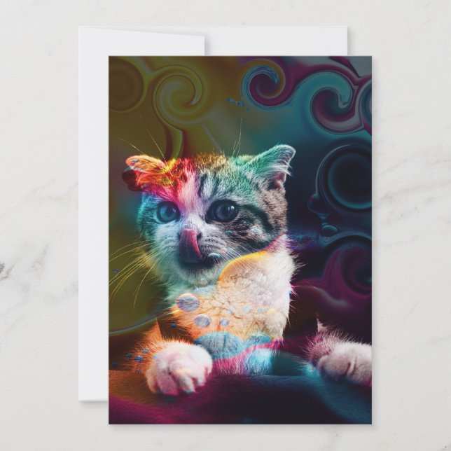 FUNNY TRENDY COLORFUL CAT ART INVITATION (Front)