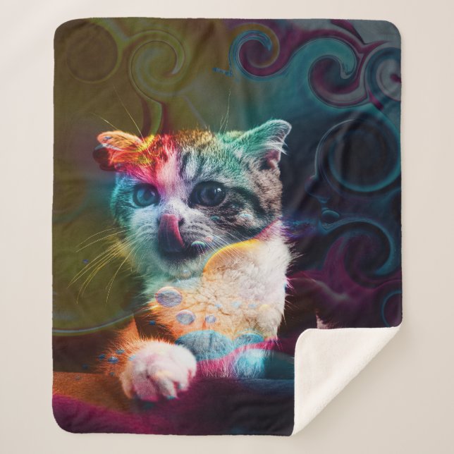 FUNNY TRENDY COLORFUL CAT ART SHERPA BLANKET (Front)