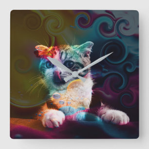 FUNNY TRENDY COLORFUL CAT ART SQUARE WALL CLOCK