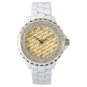 Funny Trendy Orange Neon Moustache Pattern Watch