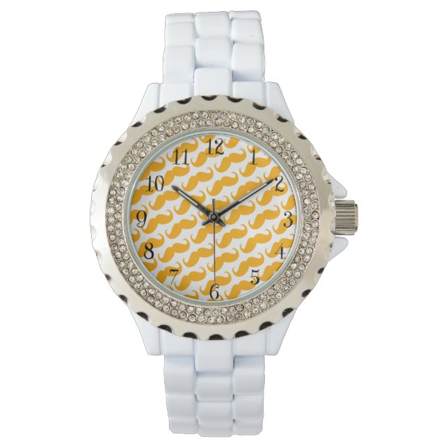 Funny Trendy Orange Neon Moustache Pattern Watch (Front)