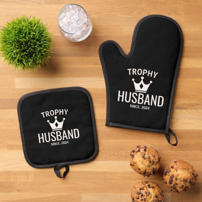 Funny Trophy Husband Anniversary Gift Custom Oven Mitt & Pot Holder Set (Top Down)
