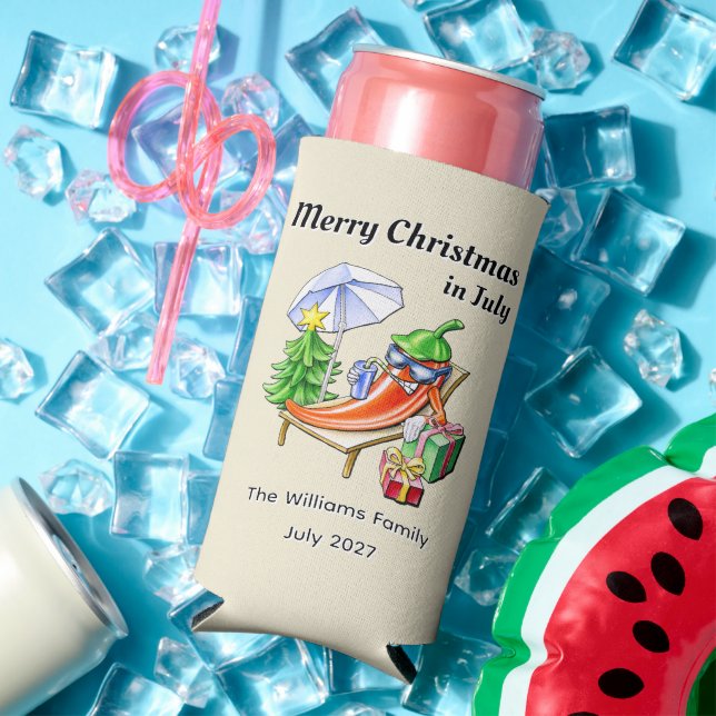 Funny Tropical Christmas in July Cartoon Chilli Ar Seltzer Can Cooler (In Situ Summer)