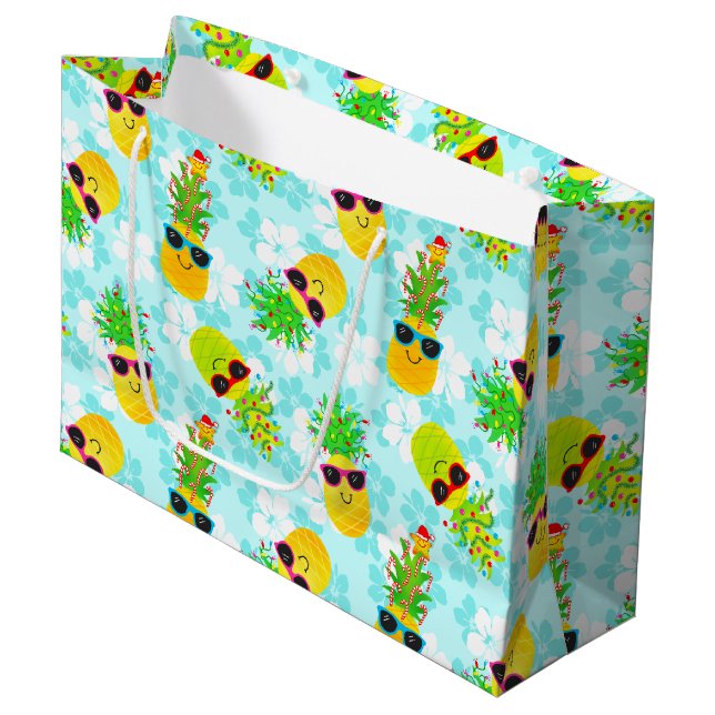 Funny Tropical Christmas Pineapples Large Gift Bag (Front Angled)