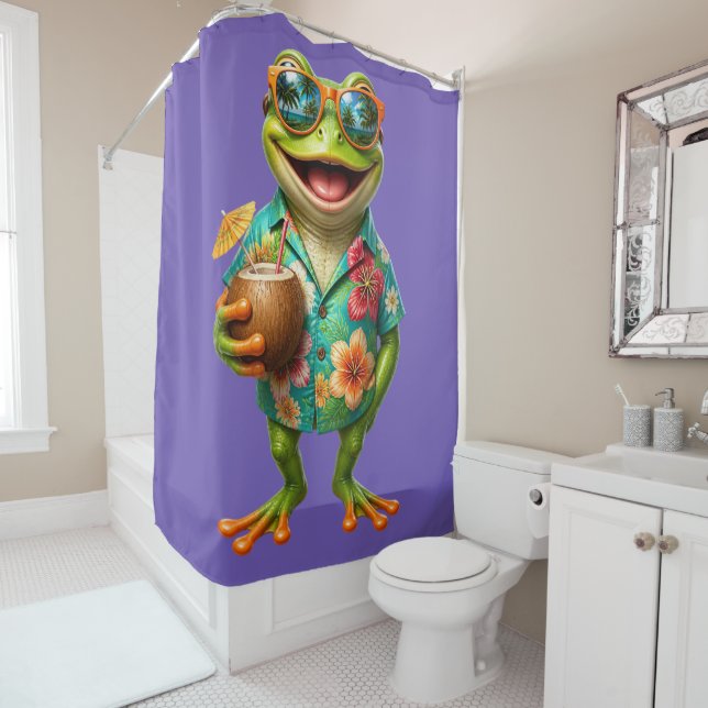 Funny Tropical Frog Shower Curtain | Colourful Haw (In Situ)