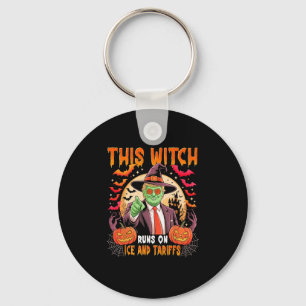 Funny Trump Witch Runs On Ice And Tariffs Hallowee Key Ring