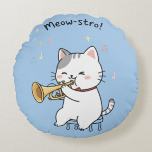 Funny Trumpet Cat – Cute Feline Jazz  Round Cushion