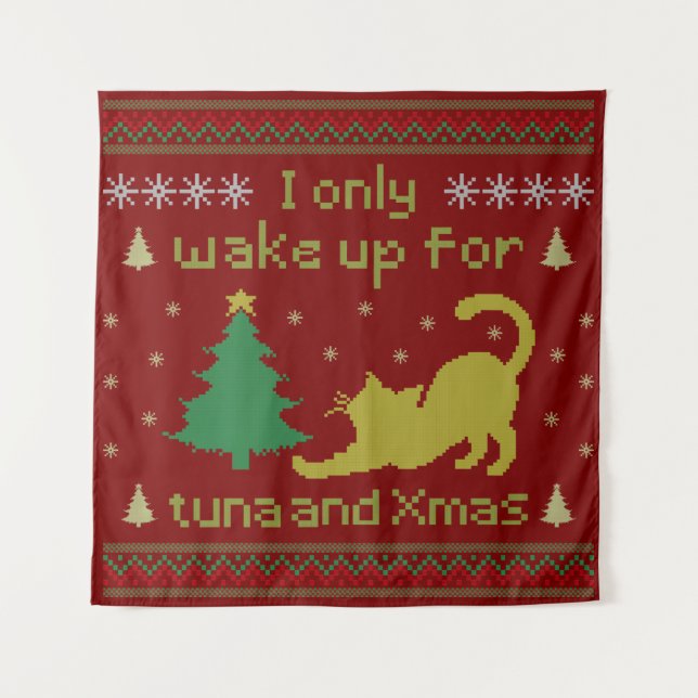 Funny Tuna Christmas Cat – Ugly Xmas Pixel Style Tapestry (Front)