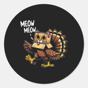 Funny Turkey Cat Meow Men Women Kids Happy Thanksg Classic Round Sticker