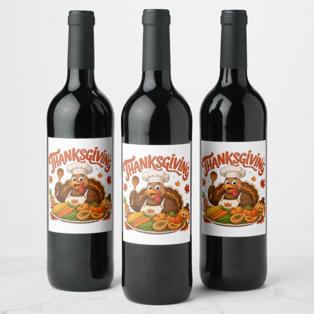 Funny Turkey Chef Thanksgiving Dinner Wine Label (Bottles)