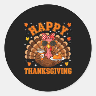 Funny Turkey Drinking Coffee Thanksgiving Bow Girl Classic Round Sticker
