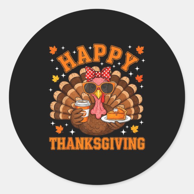 Funny Turkey Drinking Coffee Thanksgiving Bow Girl Classic Round Sticker (Front)