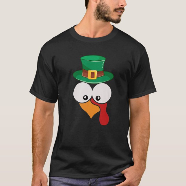 Funny Turkey Face With Irish Hat Thanksgiving Day T-Shirt (Front)
