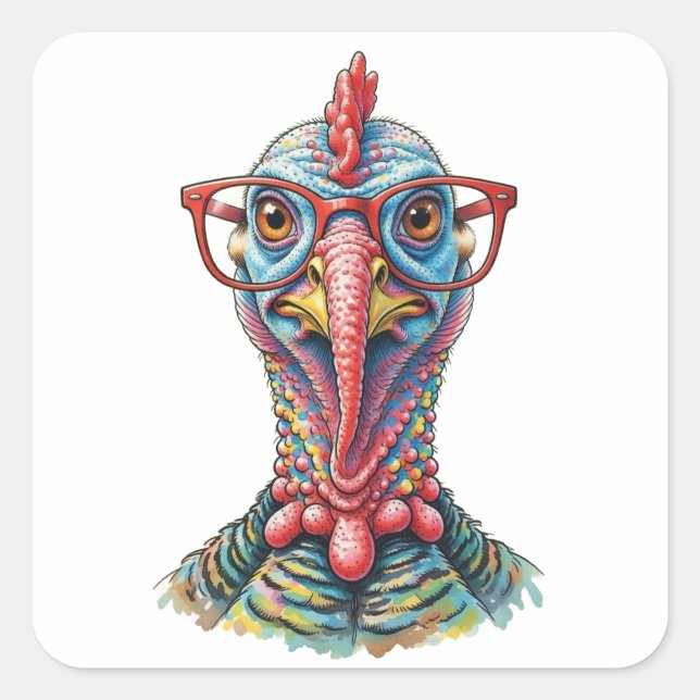 Funny Turkey in Glasses Cartoon Fun Square Sticker (Front)