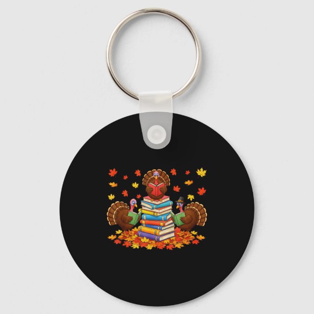 Funny Turkey Reading Book Fall Thanksgiving Teache Key Ring (Front)