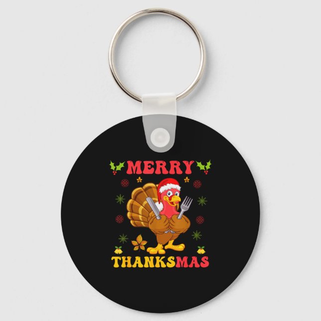 Funny Turkey Santa Merry Thanksmas Christmas Thank Key Ring (Front)