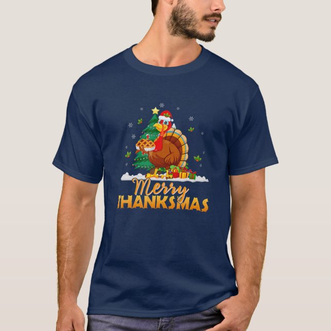 Funny Turkey Santa Merry Thanksmas Christmas Thank T-Shirt (Front)