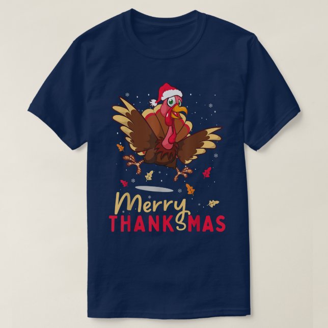 Funny Turkey Santa Merry Thanksmas Christmas Thank T-Shirt (Design Front)