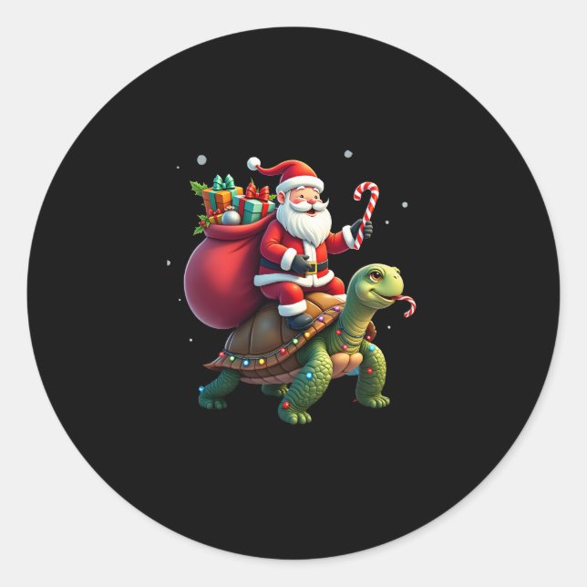Funny Turtle Christmas Santa Riding Sea Turtle Xma Classic Round Sticker (Front)